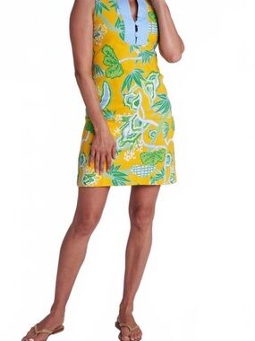 CK Bradley - Sleeveless Yellow Floral Shift Dress with Blue Trim - L